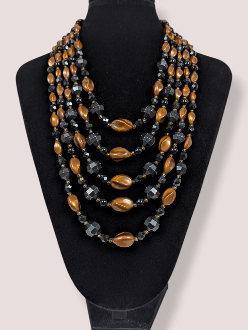 Vintage 5-Strand Black & Orange Beaded Statement Necklace